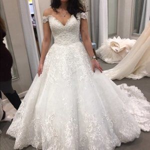 Allure Couture Off Shoulder Ball Gown, C461 Wedding Dress Ivory